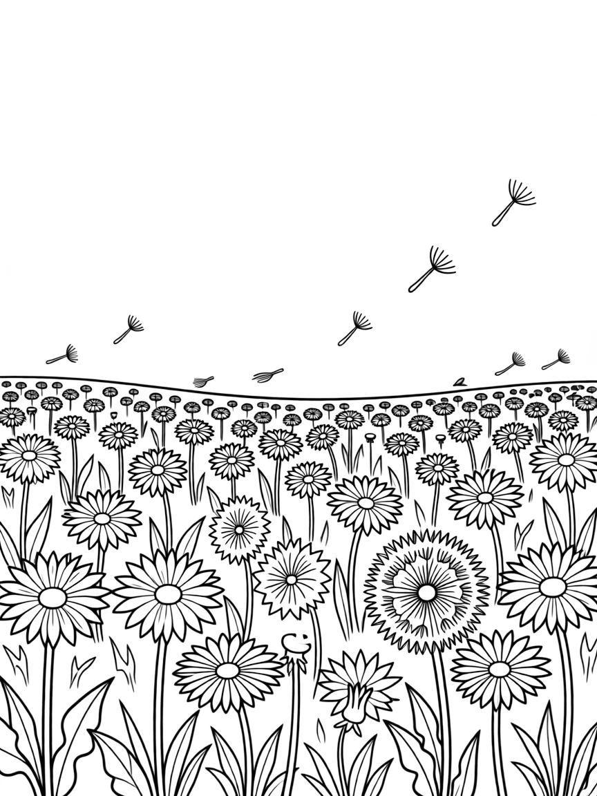 A field of dandelions, some gone to seed