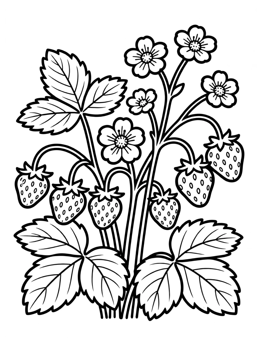 A patch of wild strawberries with flowers and fruit