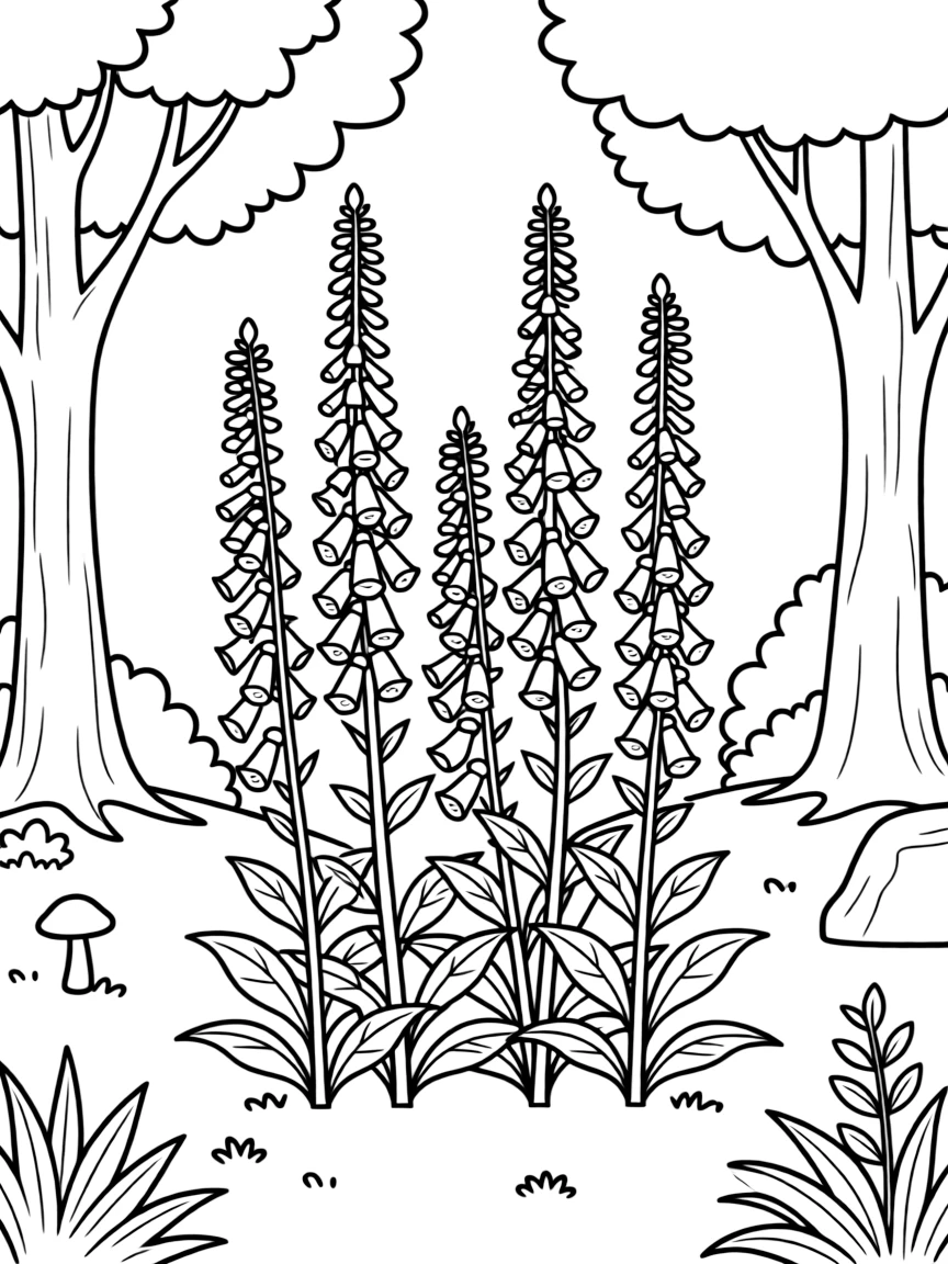 Foxgloves towering in a woodland setting