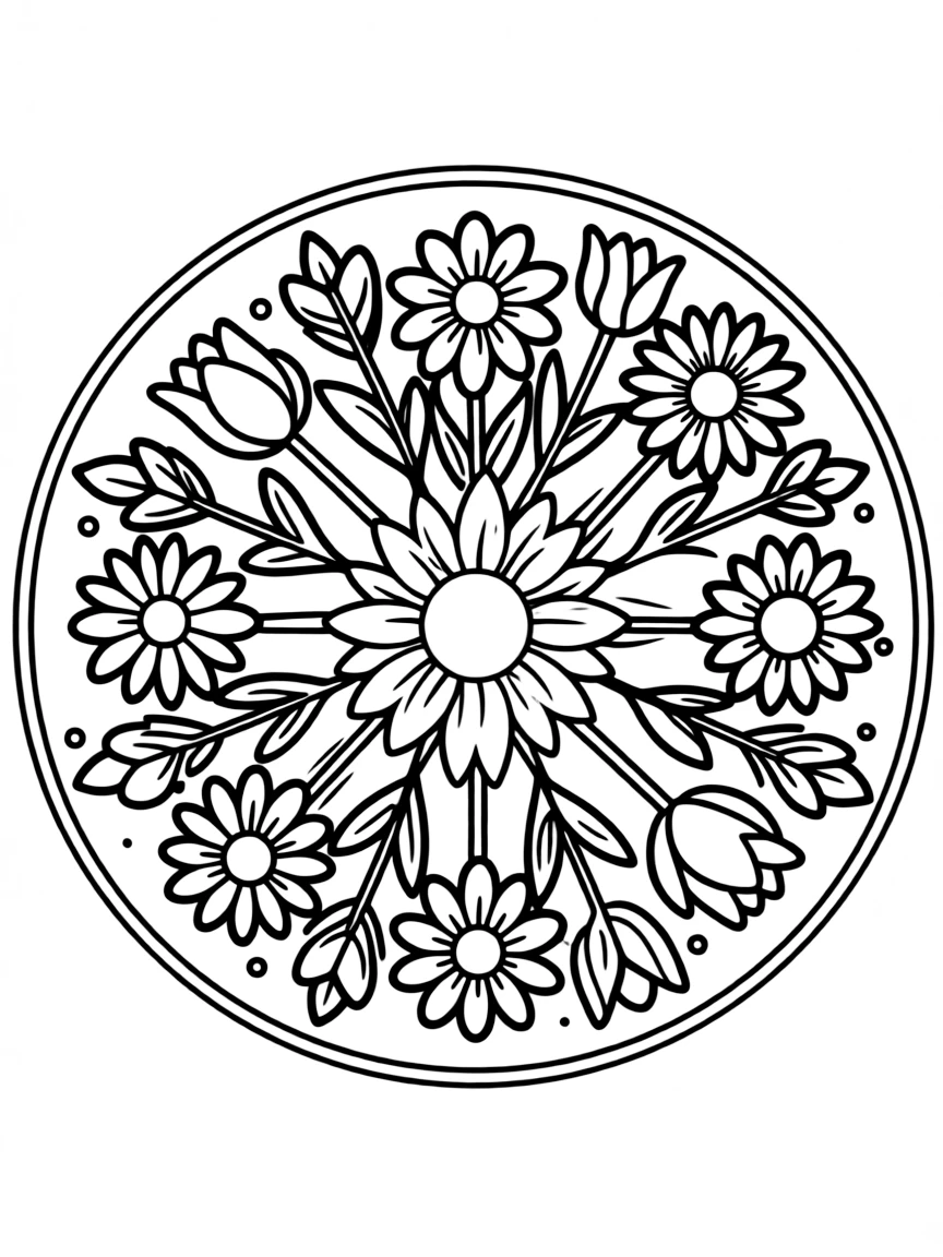 A bird's-eye view of a flower mandala garden