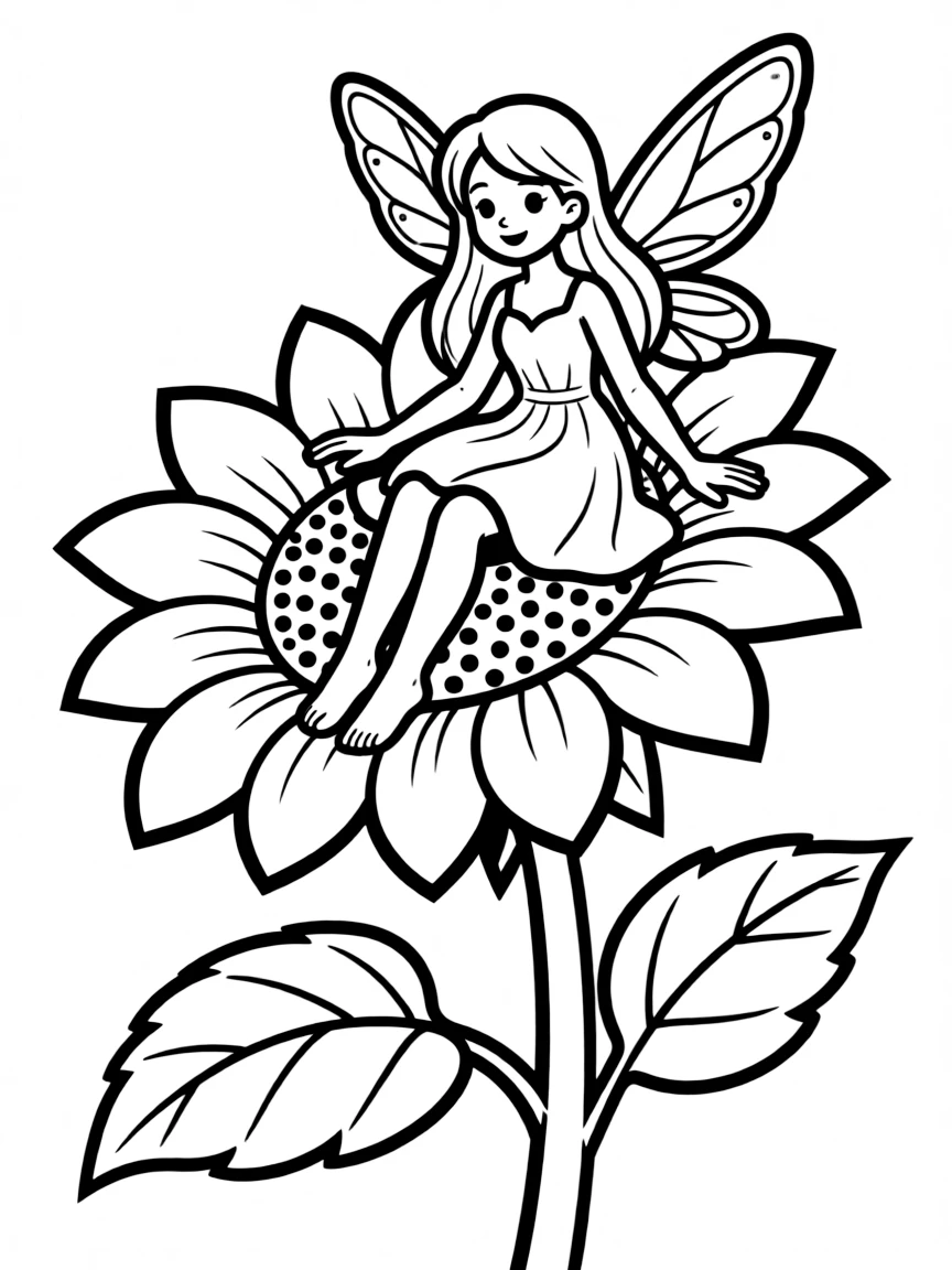 A fairy sitting on a giant sunflower