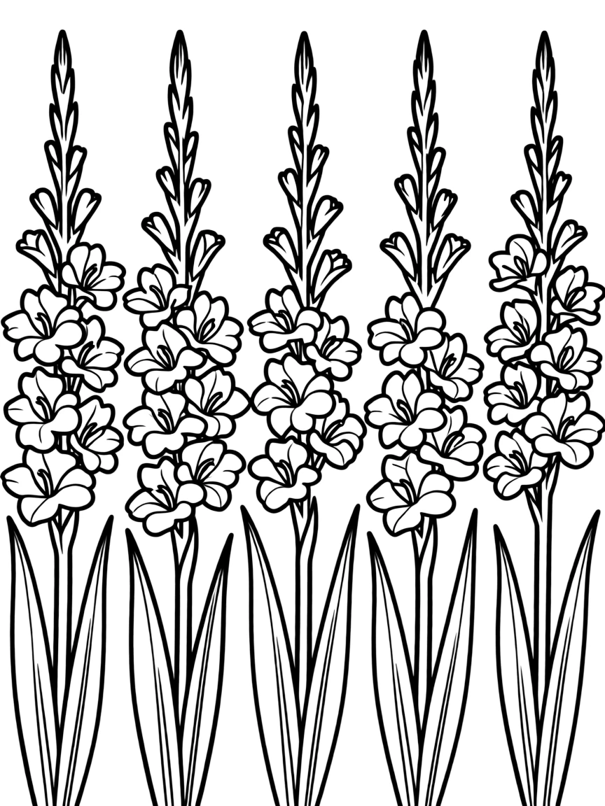 Gladiolus spikes in a row with varied heights