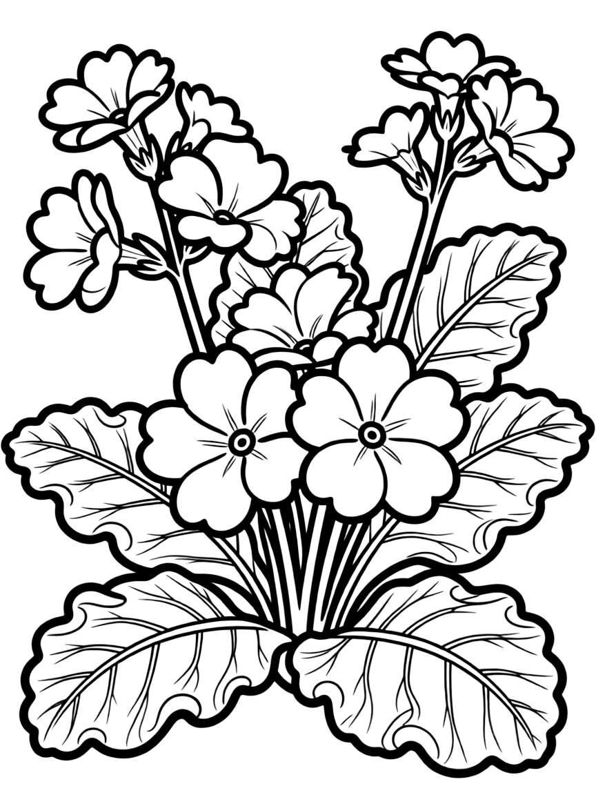 Primroses nestled among their crinkled leaves