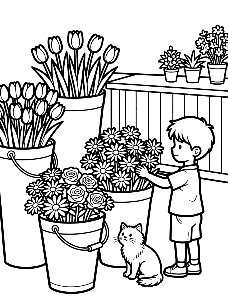 A flower shop display with buckets of blooms
