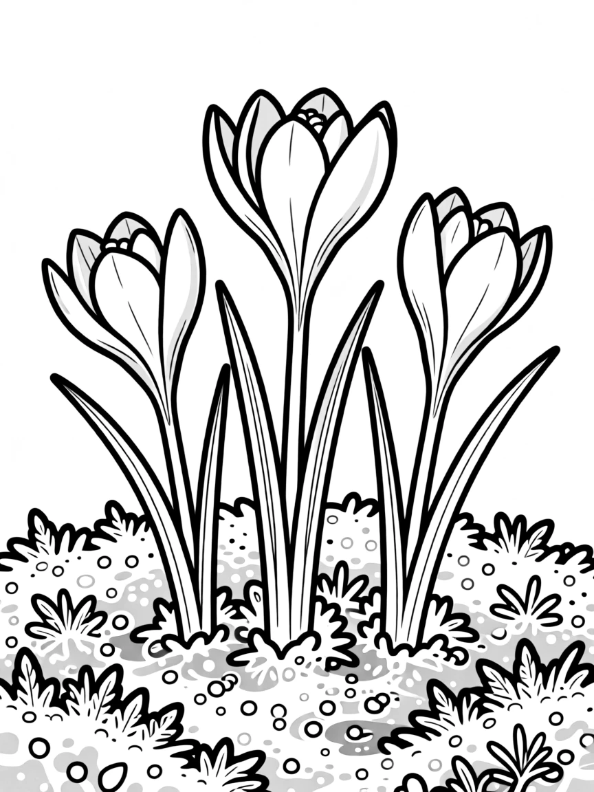 Crocus flowers breaking through frost
