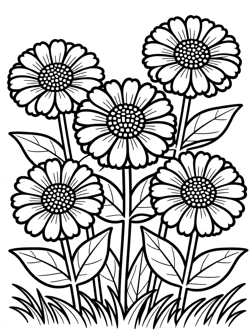 Zinnia garden with detailed flower centers