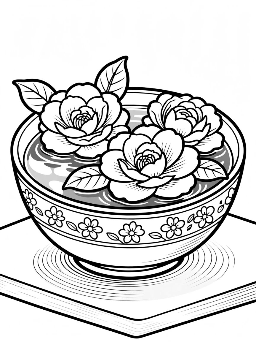 Camellias floating in a decorative bowl