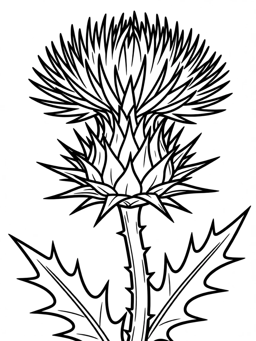A close-up of a thistle flower with spiny leaves