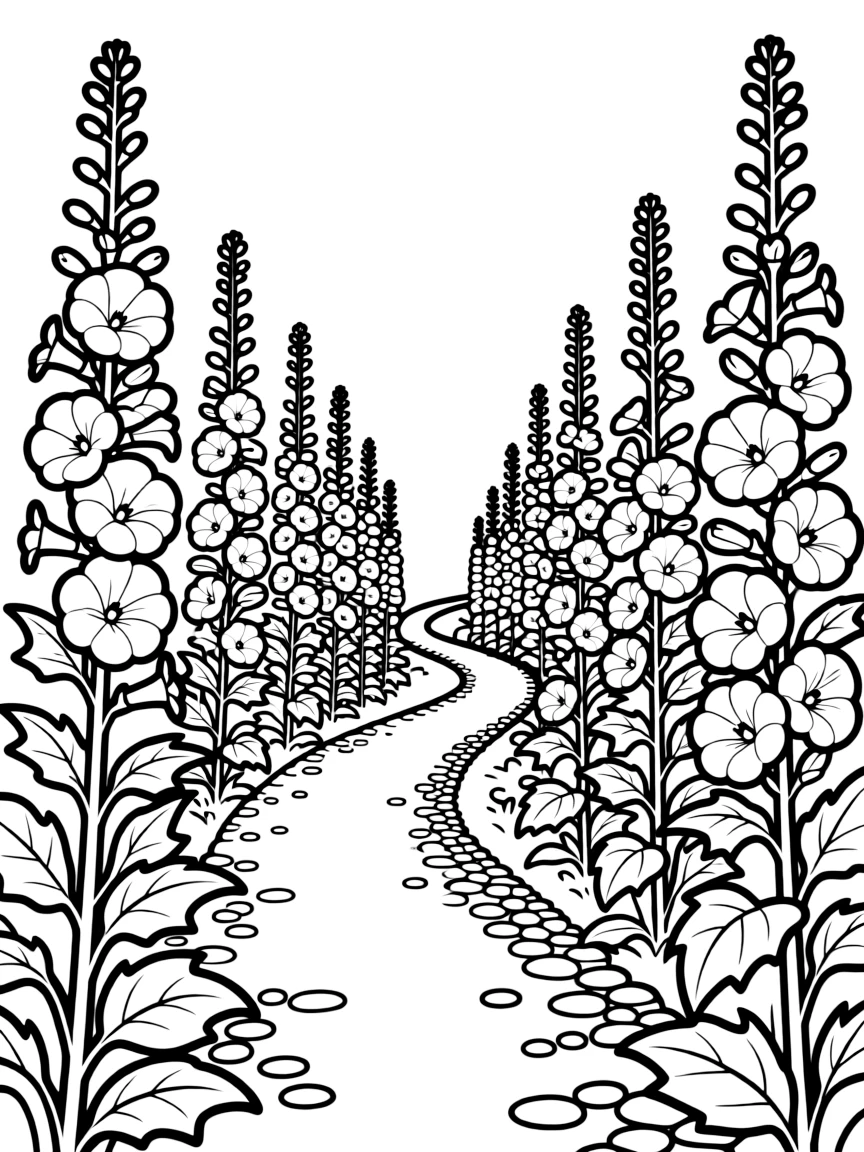 A path lined with hollyhocks of different heights