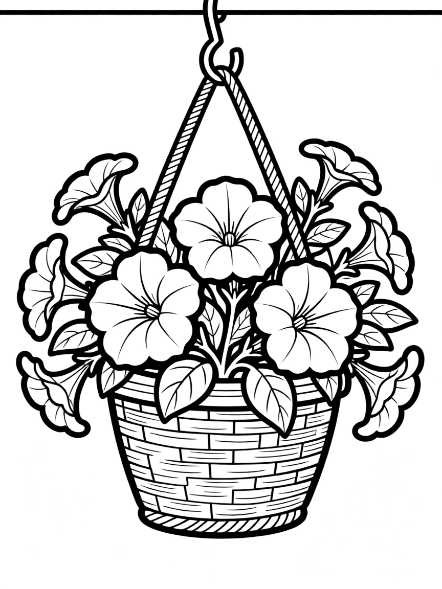 A hanging basket overflowing with petunias