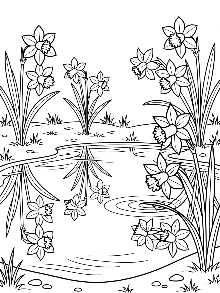 Narcissus flowers reflected in a pond