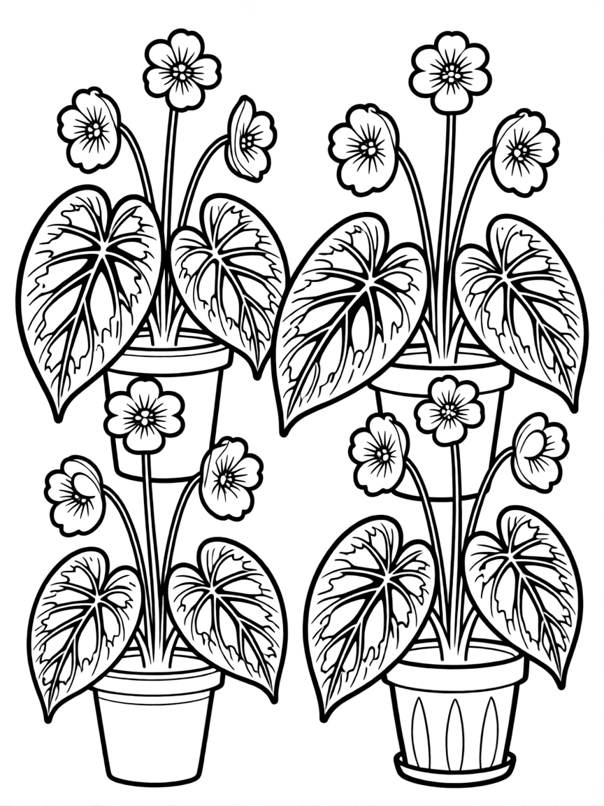 Begonia plants with their patterned leaves and flowers