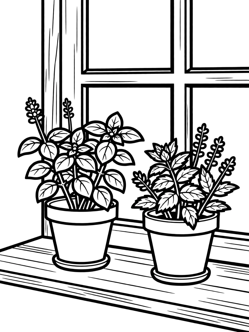 A windowsill herb garden with flowering basil and mint