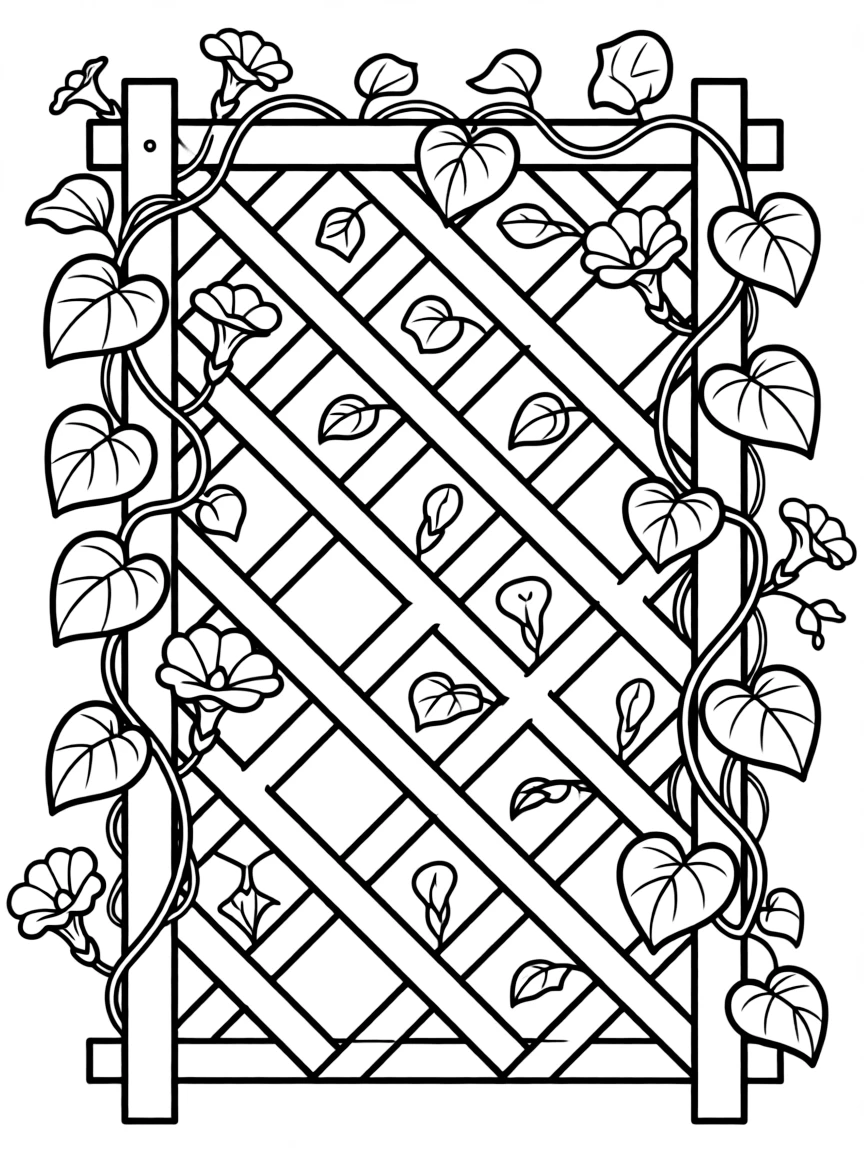 A garden trellis covered in morning glory vines