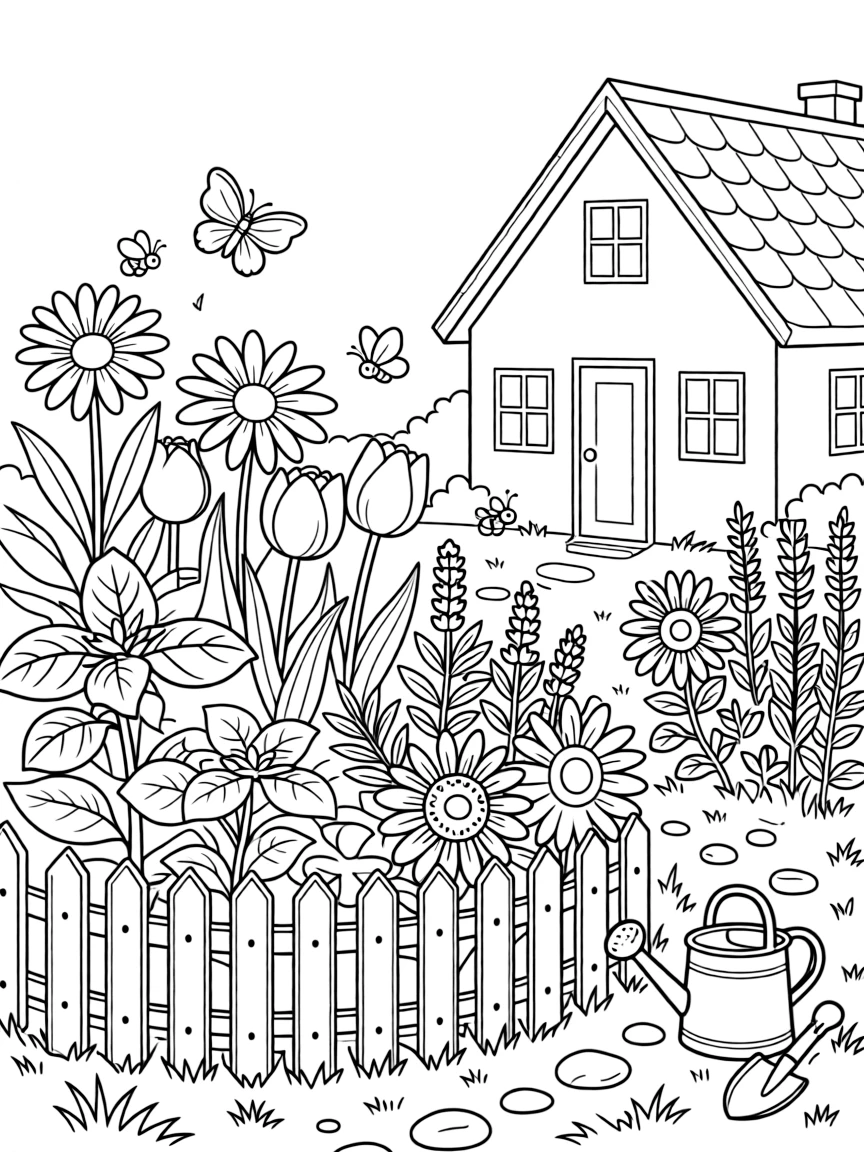 A cottage garden with mixed flowers and herbs