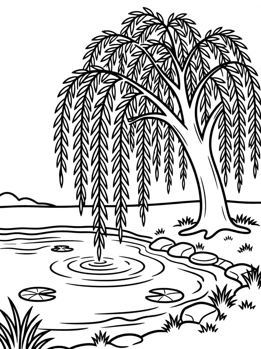 A weeping willow by a pond with trailing branches