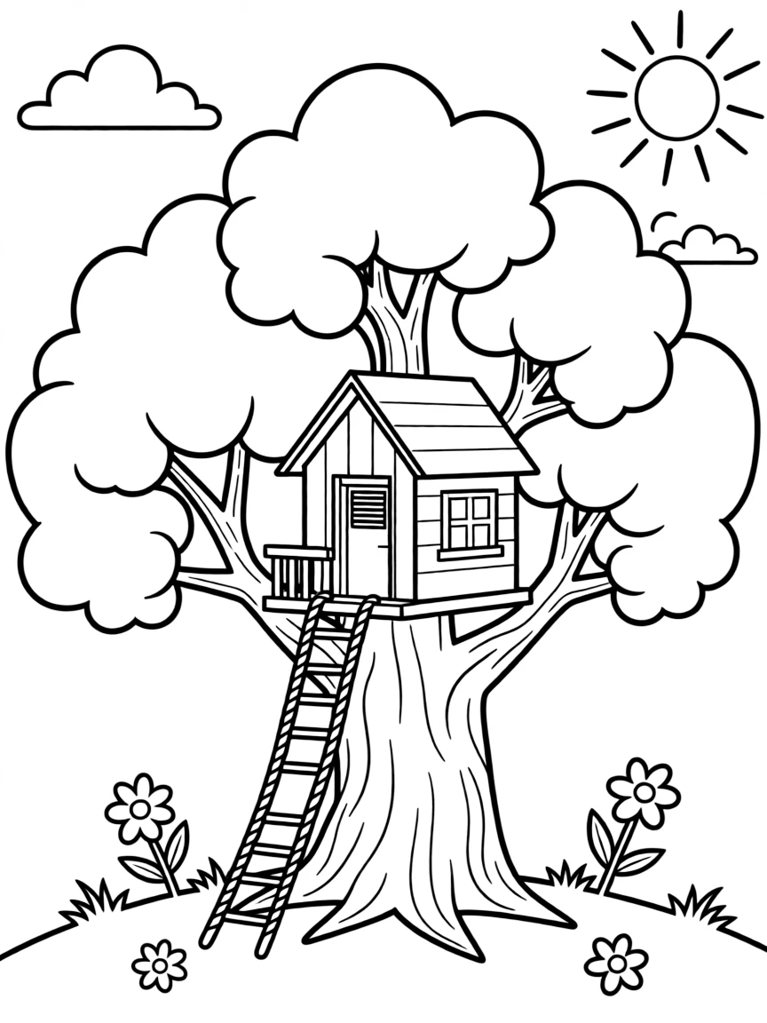 A treehouse nestled in the branches of a maple
