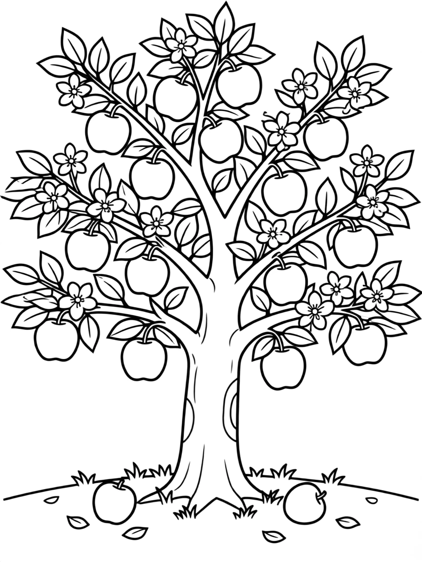 An apple tree heavy with fruit and blossoms