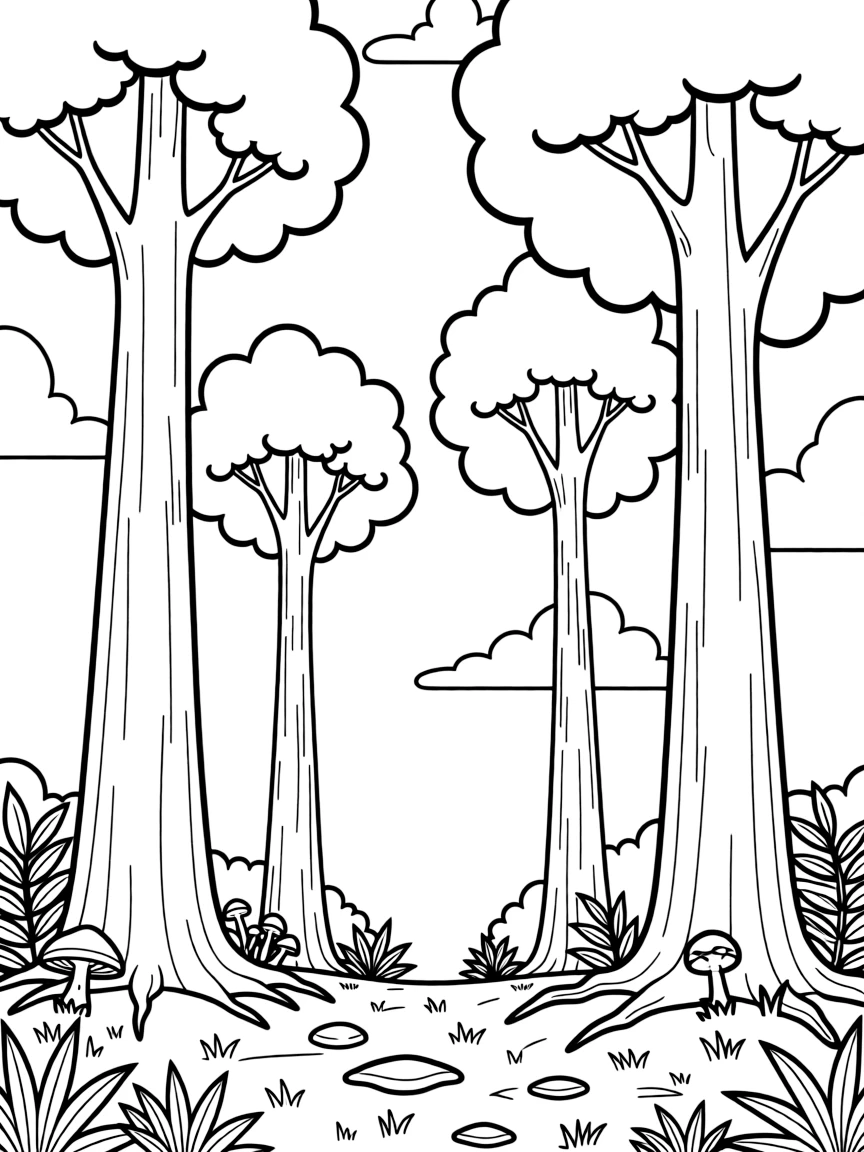 A forest floor view looking up at tall trees