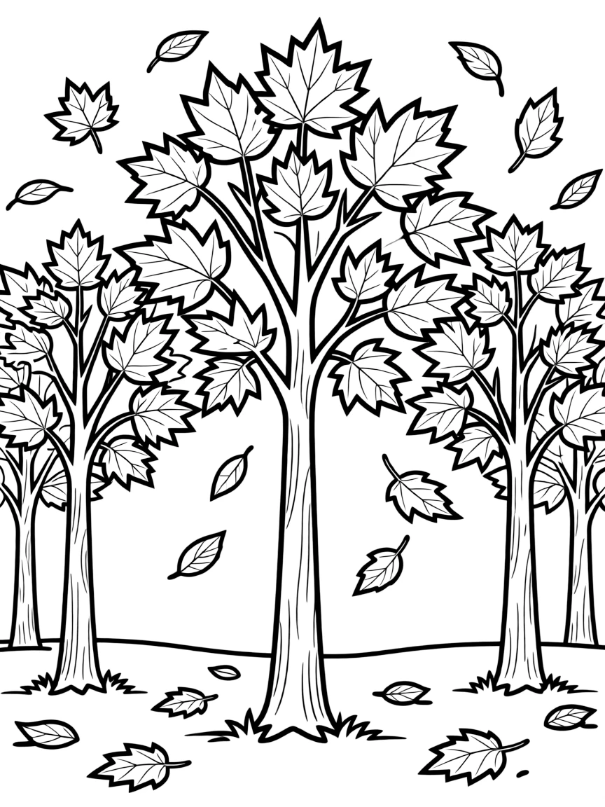 Autumn trees with detailed falling leaves