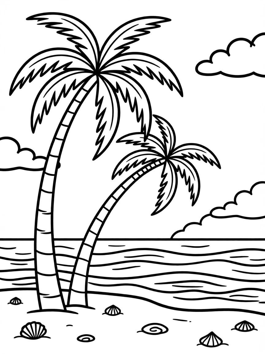 Palm trees swaying over a beach scene