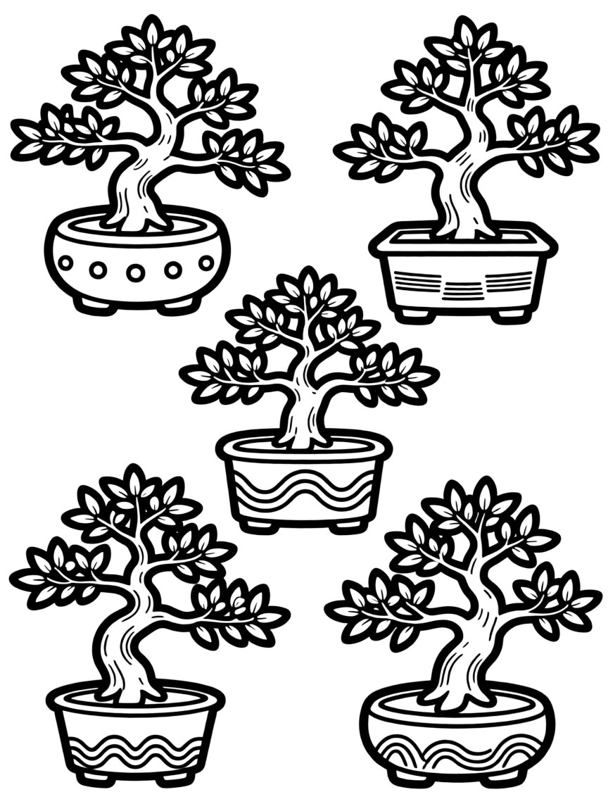 Bonsai trees in decorative pots