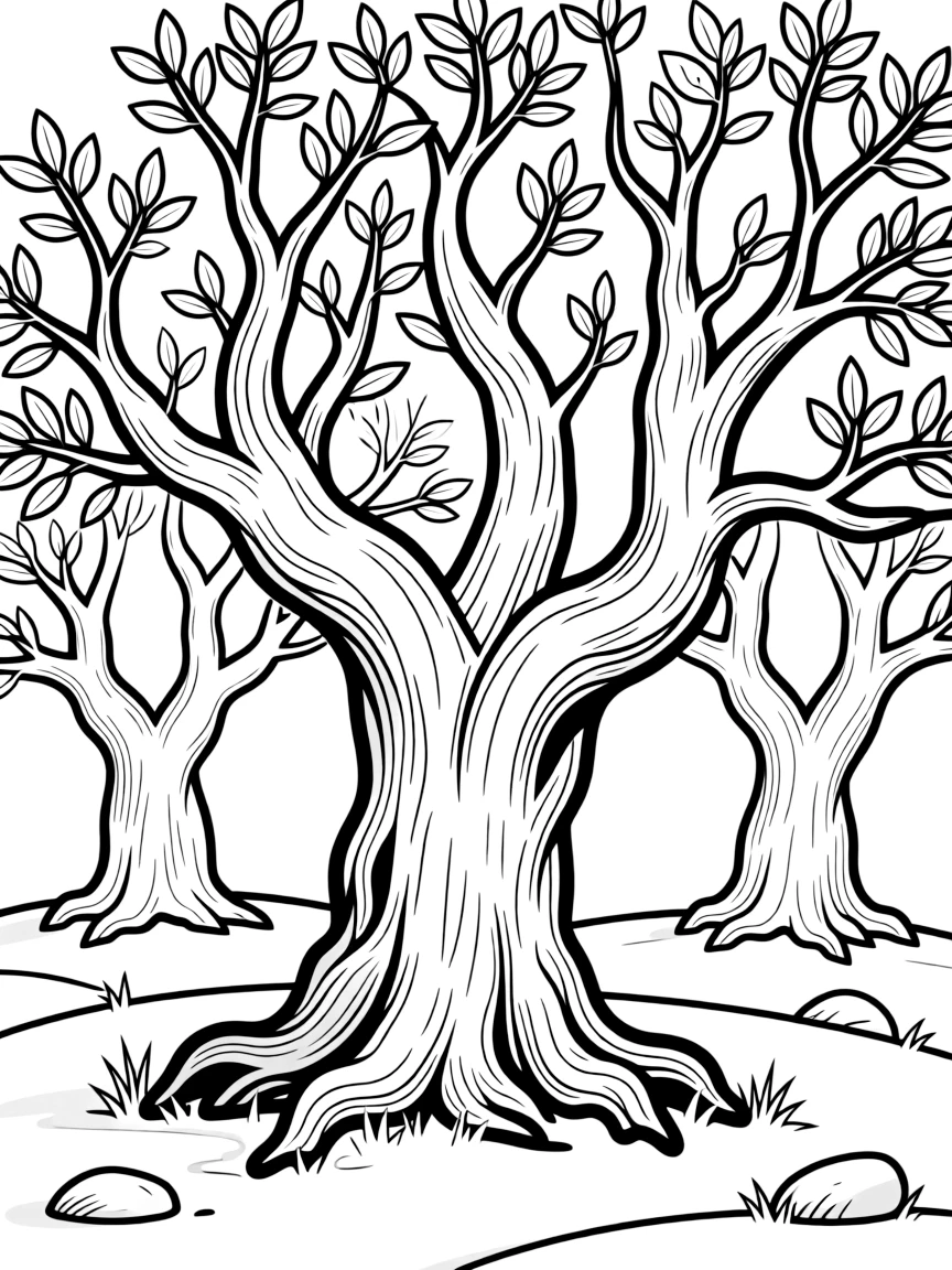 An olive grove with gnarled, twisted trunks