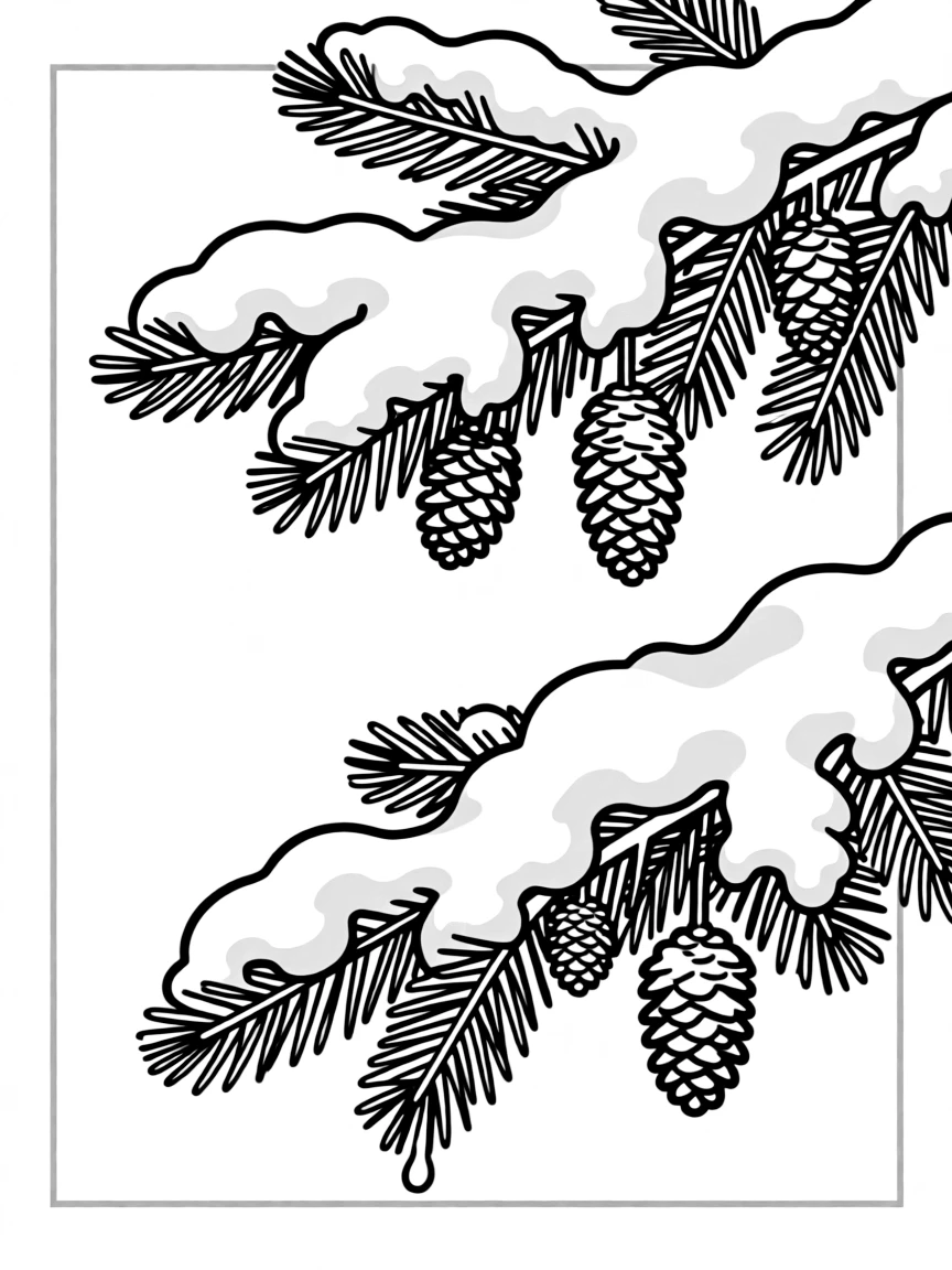 A winter scene with snow-laden evergreen branches