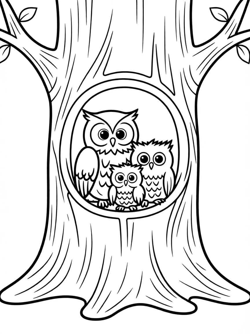A family of owls living in a tree hollow