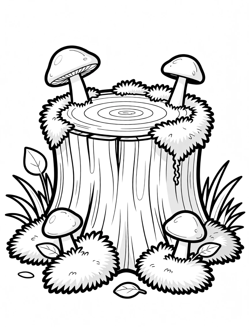 An old tree stump covered in moss and mushrooms