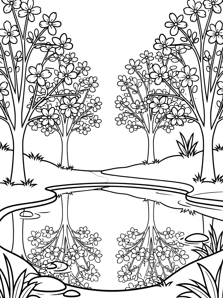 Blossom trees reflecting in a still pond