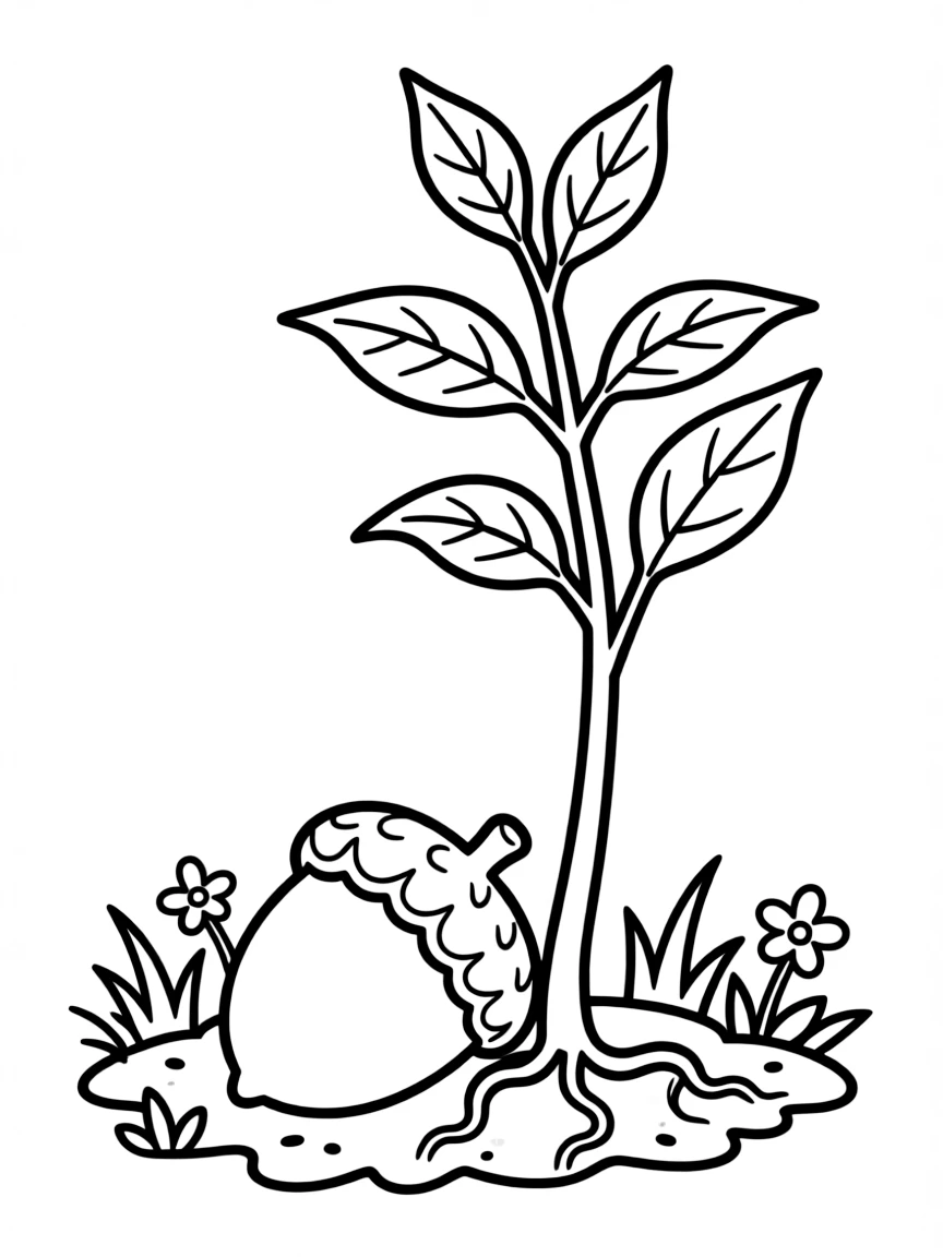 A detailed sapling growing from an acorn
