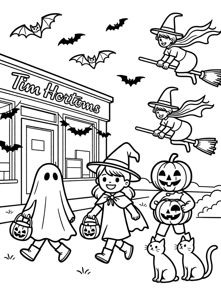 Ghost flying jackolantern trick or treaters think Tim Hortons this is Halloween flying bats and witches  and cats