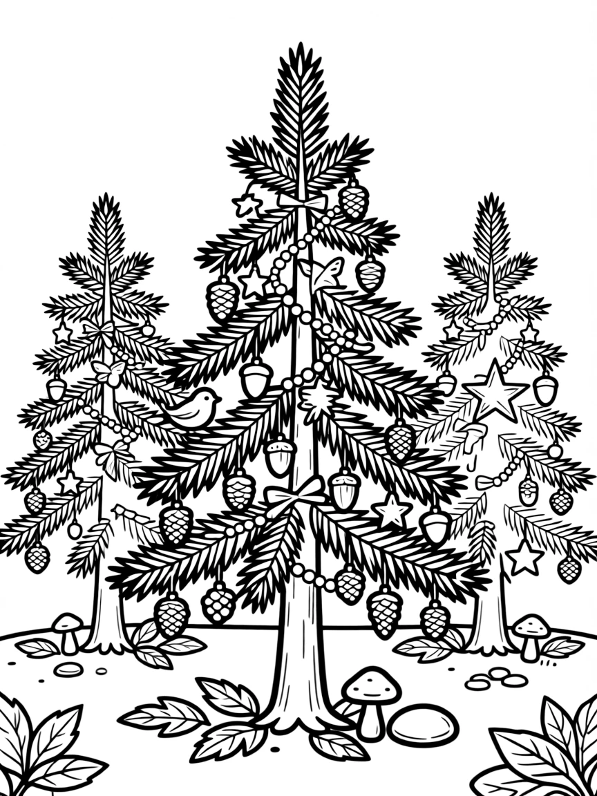 Christmas trees decorated with nature-inspired ornaments