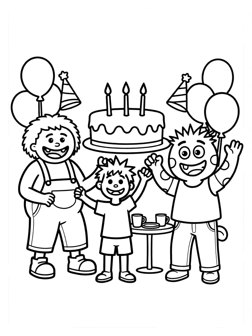 Create a high-quality black and white printable coloring book page featuring [of a monster mashClean crisp line art only. No grayscale. No color. White background. Suitable for [children ages 4-8 / adults]. Centered composition. High resolution. 8.5 x 11 inches. Thick bold outlines for children OR highly intricate detailed line art for adults depending on audience.