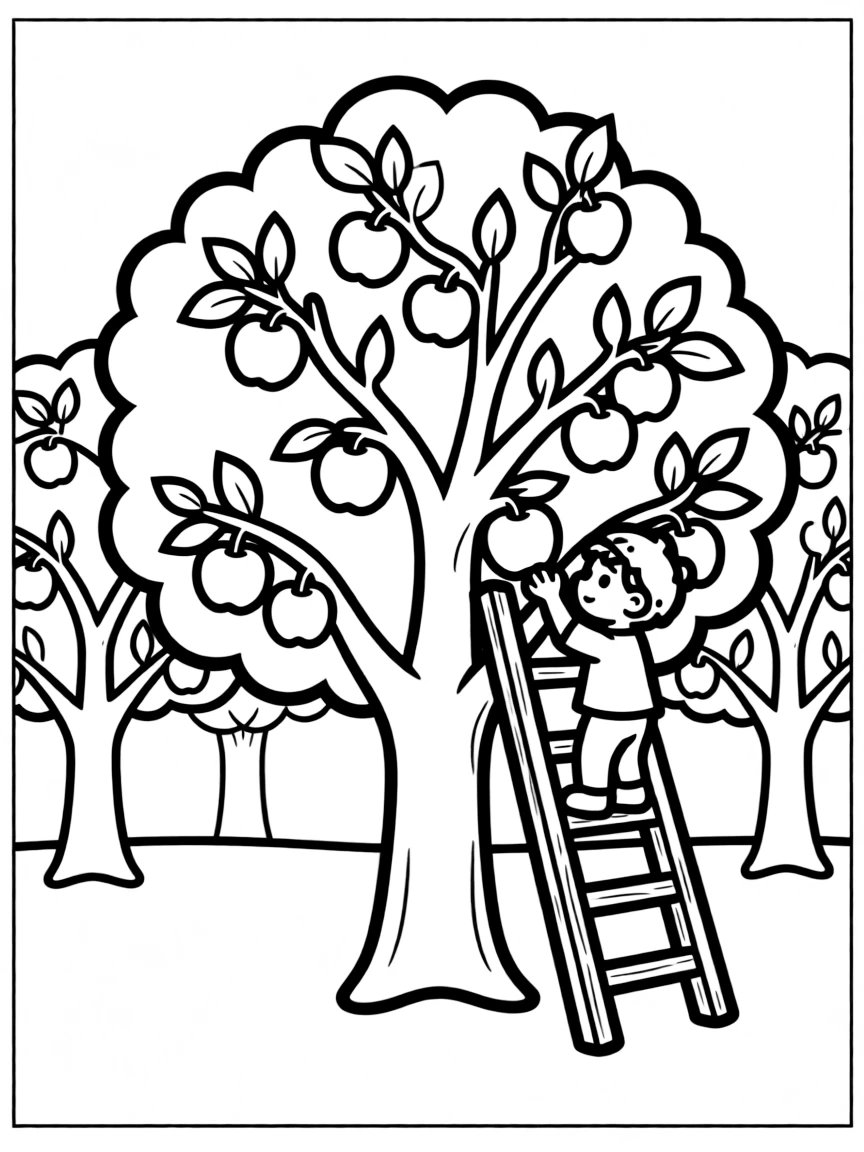 Apple trees in an orchard with a ladder for picking