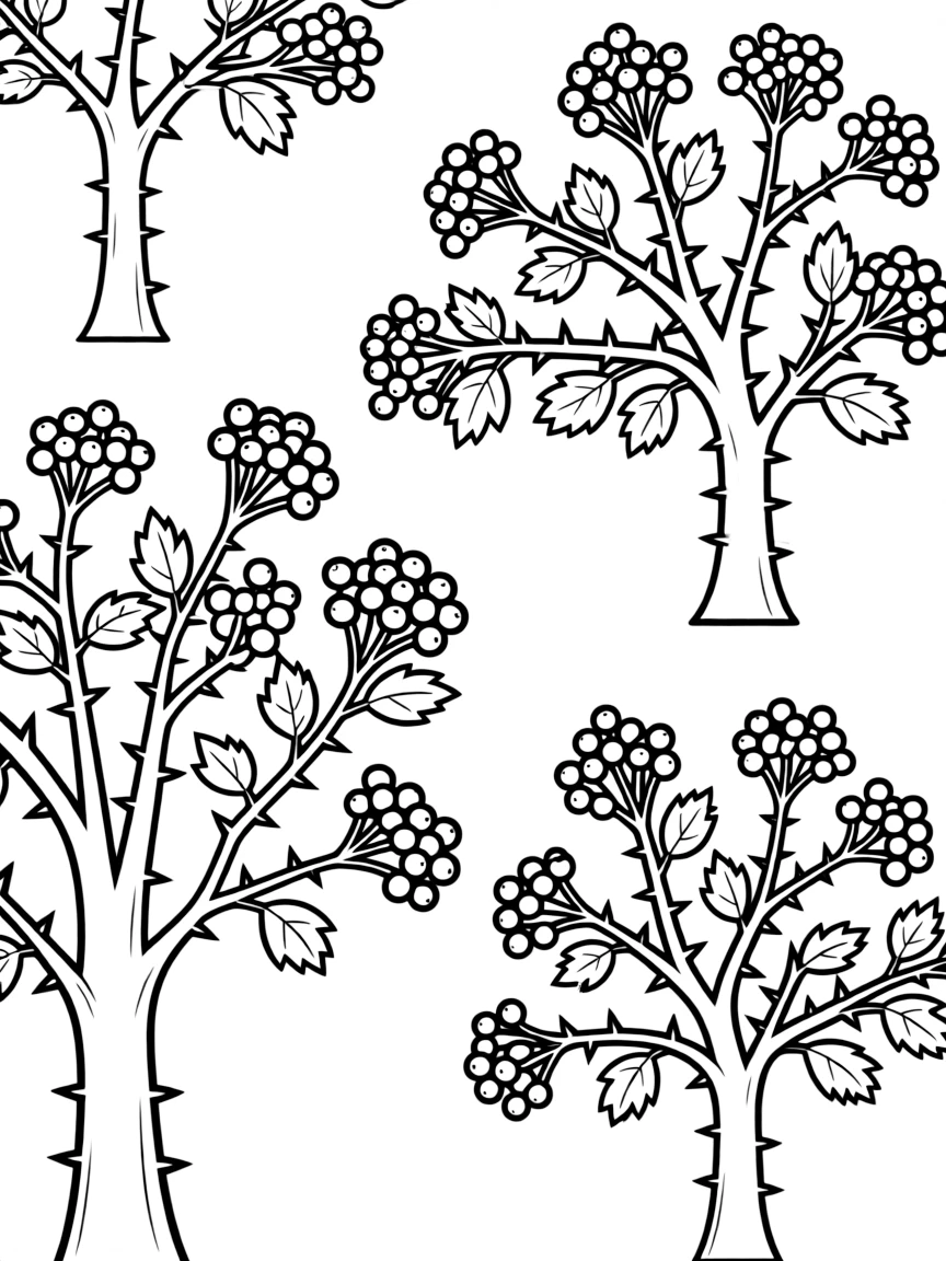 Hawthorn trees with their detailed berries and thorns