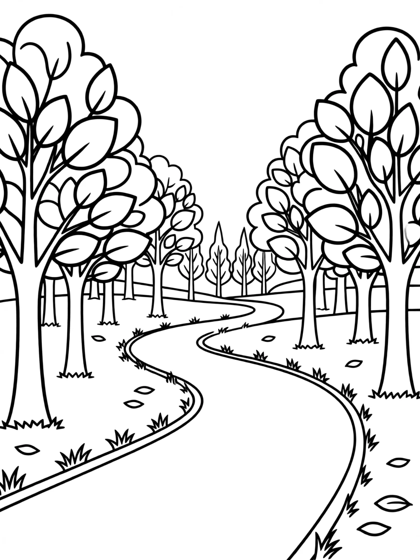 A winding road through autumn trees