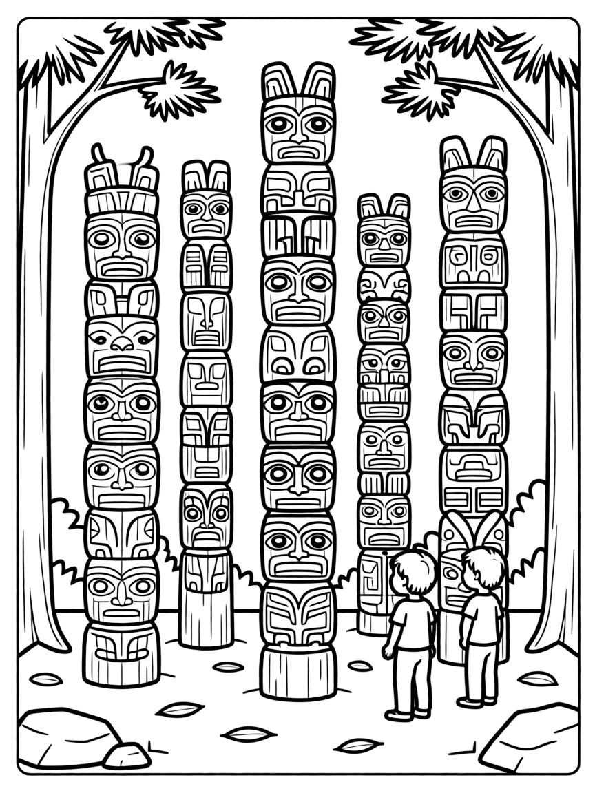 Trees carved into totem poles