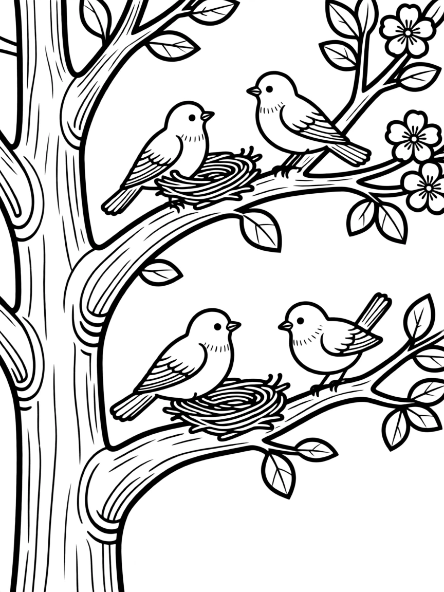 Birds nesting in tree branches