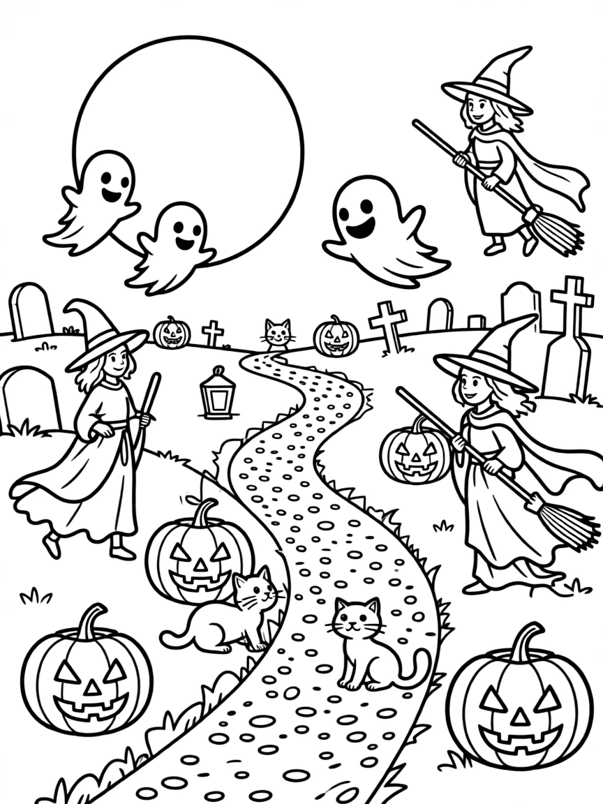 Spooky ,Halloween, long windy gravel road graveyard full moon and ghost flying and kackolanyerns everywhere also witches and cats
Think night mate before Christmas 
Never put words 
Always put spooky