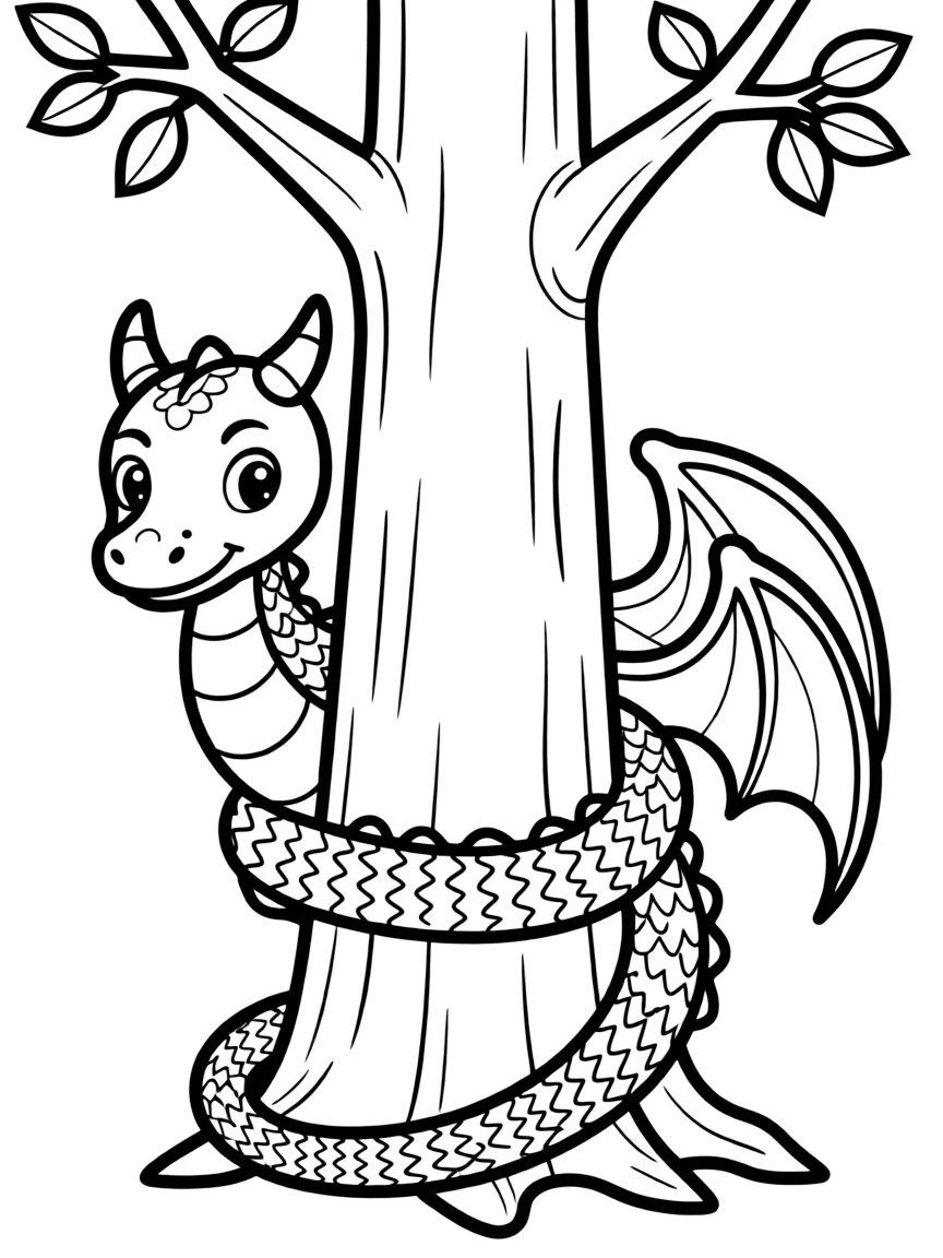 A dragon curled around a tree trunk