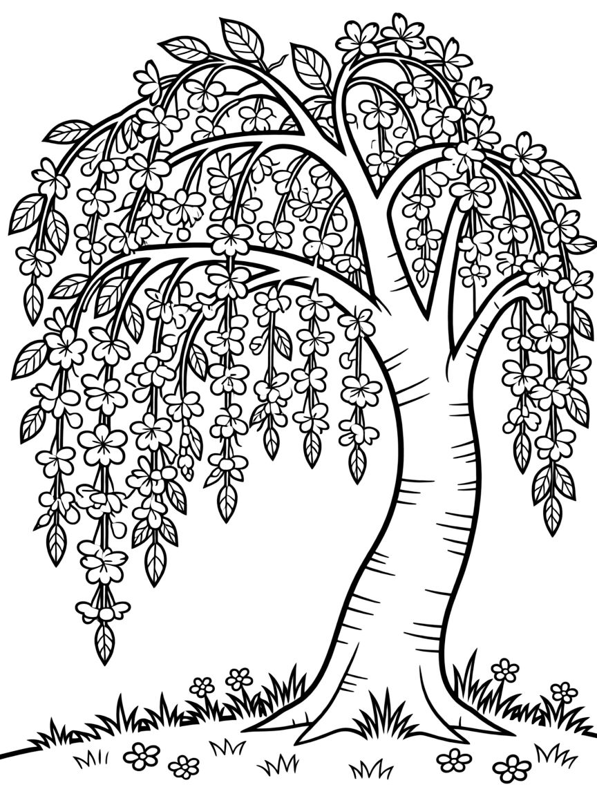 A detailed weeping cherry tree in bloom