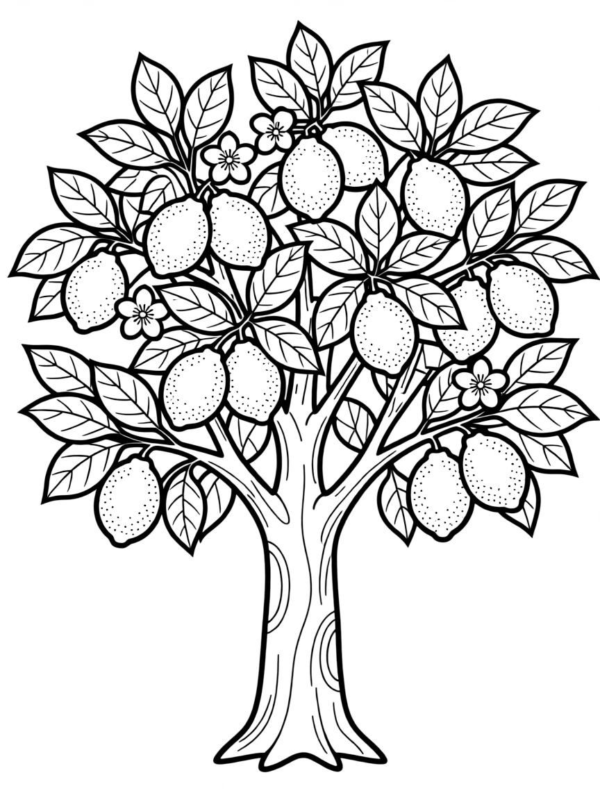 A lemon tree with detailed fruit and blossoms