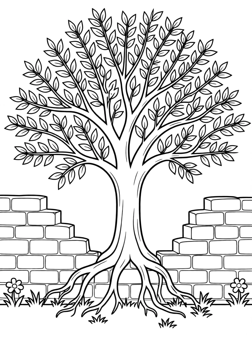 A tree growing through ruins of a stone wall