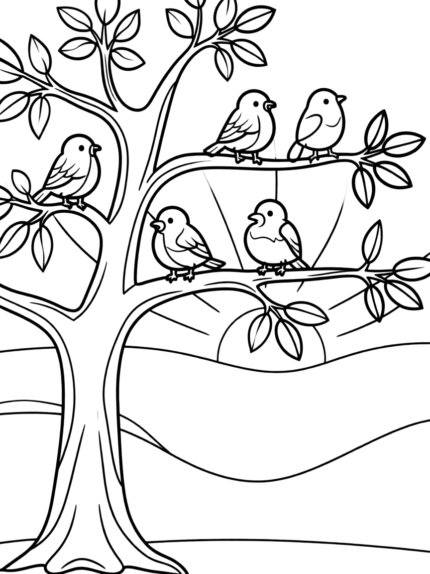 Birds perched on tree branches at sunset