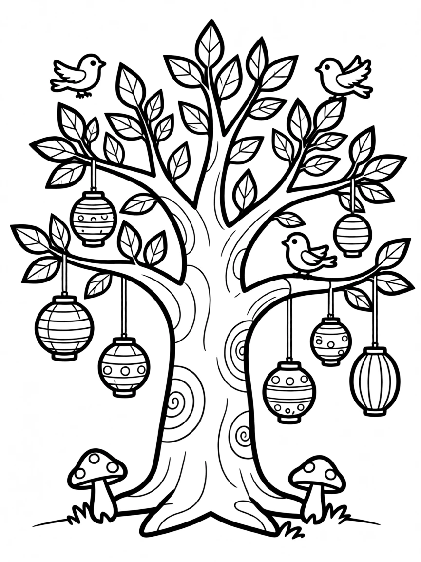 A fantasy tree with lanterns hanging from branches
