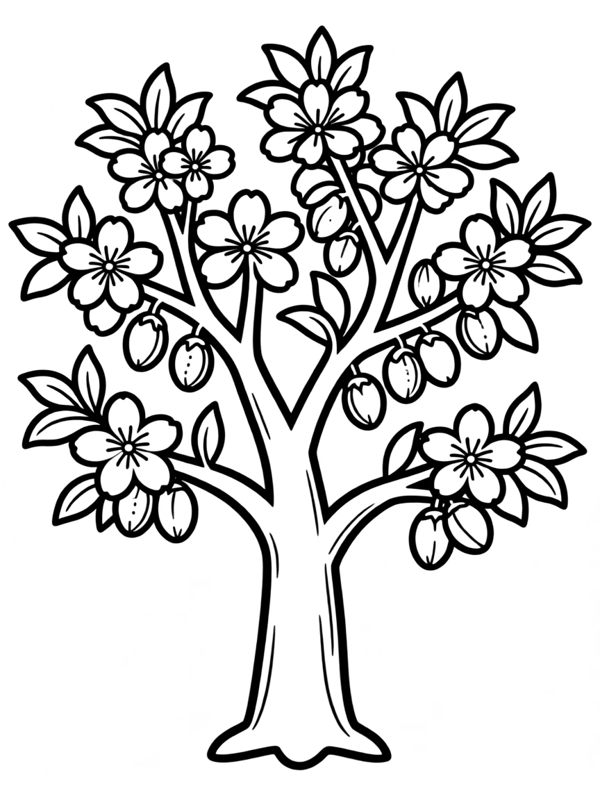 Almond trees with blossoms and developing nuts