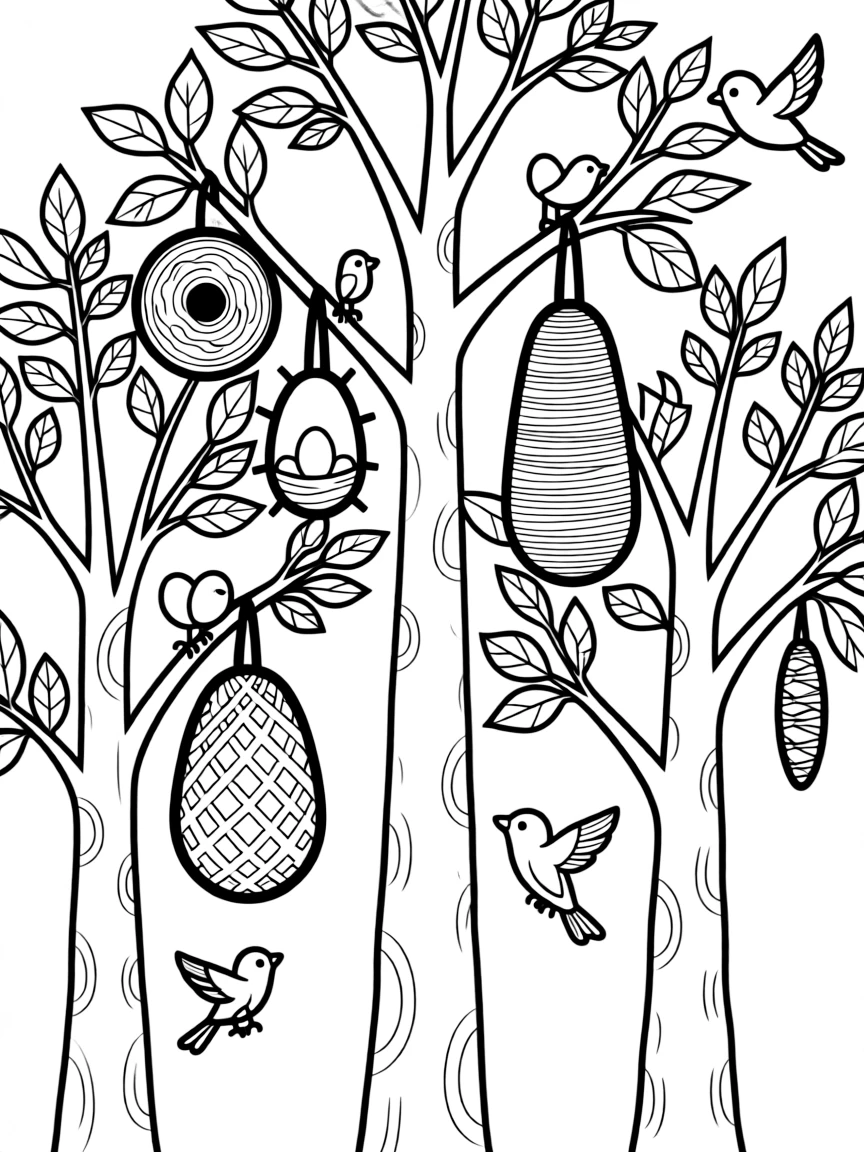 Trees with hanging bird nests of different types