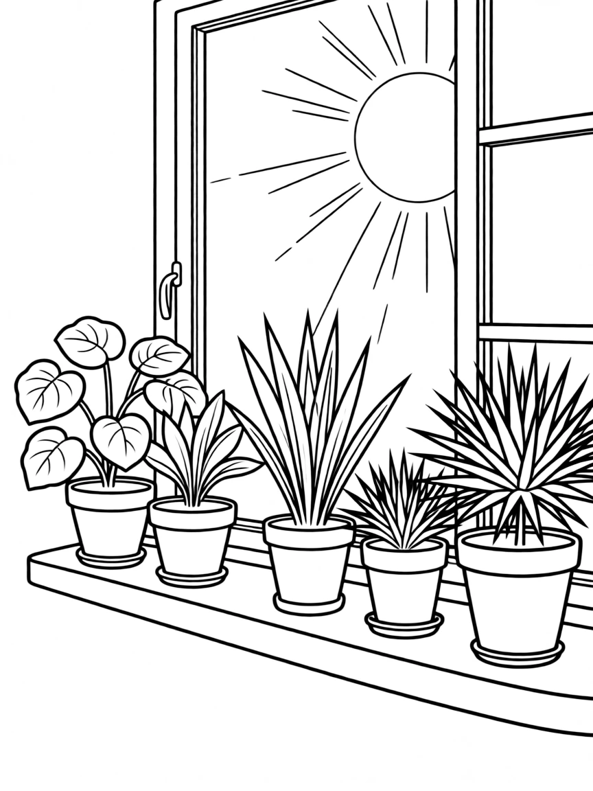 Houseplants arranged on a sunny windowsill